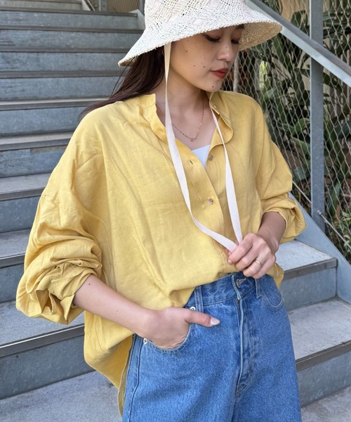 CIAOPANIC TYPY（チャオパニックティピー）の「【冷房・日焼け対策/ロングセラー】リネンレーヨンバンドカラーシャツ（シャツ/ブラウス・レディース・ピンク/カーキ/ベージュ/イエロー/ネイビー/チャコールグレー/ホワイト/レッド・ONE SIZE）」の6枚目の写真