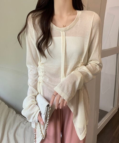 SallyLunn(サリーラン)の「【大人の抜け感】シャーリングシアートップス(Tシャツ/カットソー・レディース・ピンク/ブラック/アイボリー・FREE)」の1枚目の写真