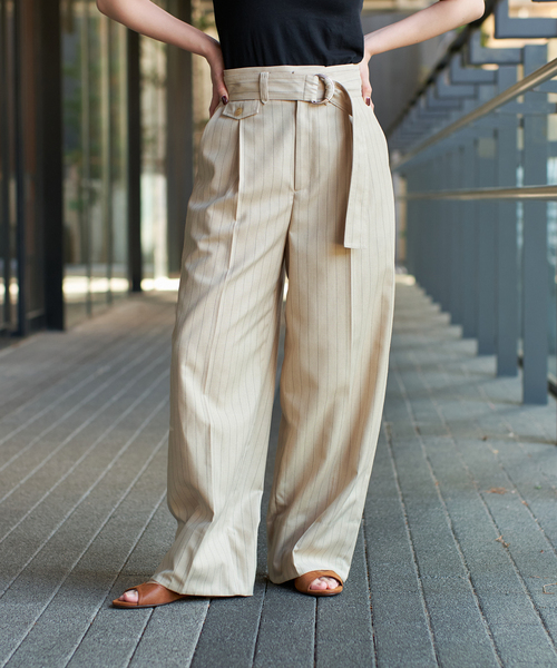 セール】IENA LA BOUCLE ストライプベルテッドタックパンツ