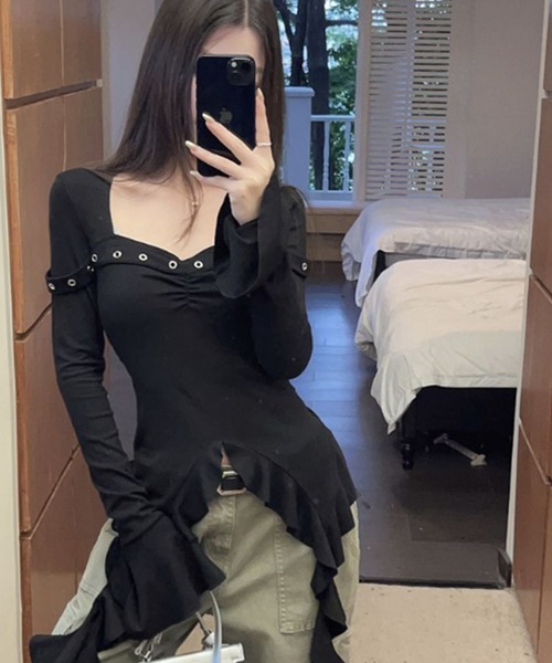新品未使用⭐︎新作！COELフリル付きブラックリブトップス Y2K Irregular Hem Frill Tops / イレギュラーヘムフリルテレコ