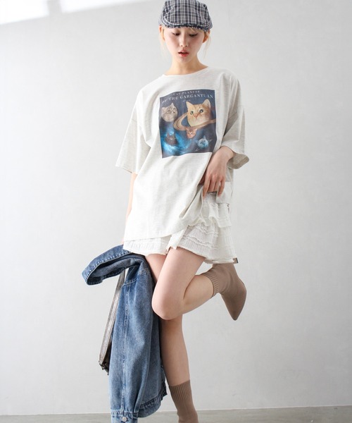 SpRay(スプレイ)の「宇宙ねこ BIG Tシャツ(Tシャツ/カットソー・レディース・オフホワイト/オートミール/スミクロ・FREE)」の8枚目の写真