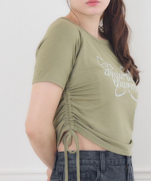 ems excite（エムズエキサイト）の「ビジューロゴドロストTEE（Tシャツ/カットソー・レディース・ホワイト系その他/チャコールグレー/グリーン・FREE）」の3枚目の写真