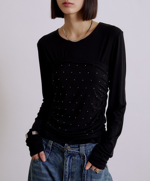 MUHET(ミュエータ)の「【set item】rhinestone bustier & long sleeve tops / ラインストーン付きビスチェロンT(Tシャツ/カットソー・レディース・ライトグレー/ライトブルー/ブラック/オフホワイト・FREE)」の2枚目の写真