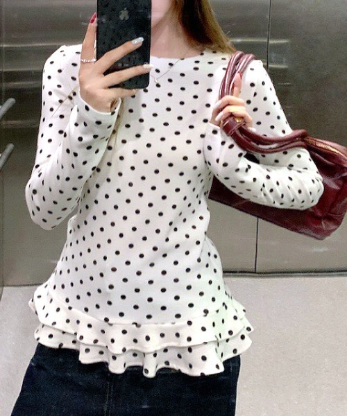 SHEENA(シーナ)の「裾フリルドットプリントロンT/長袖Tシャツ(Tシャツ/カットソー・レディース・ホワイト・M)」の2枚目の写真