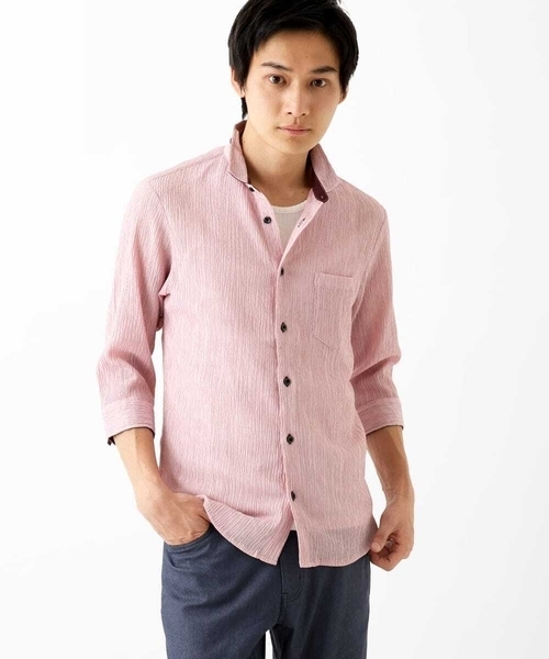 MK MICHEL KLEIN HOMME （エムケーミッシェルクランオム）の「【洗える】楊柳ストライプ七分袖シャツ（シャツ/ブラウス・メンズ・ピンク/チャコールグレー/ダークインディゴブルー・51/48/46）」の4枚目の写真