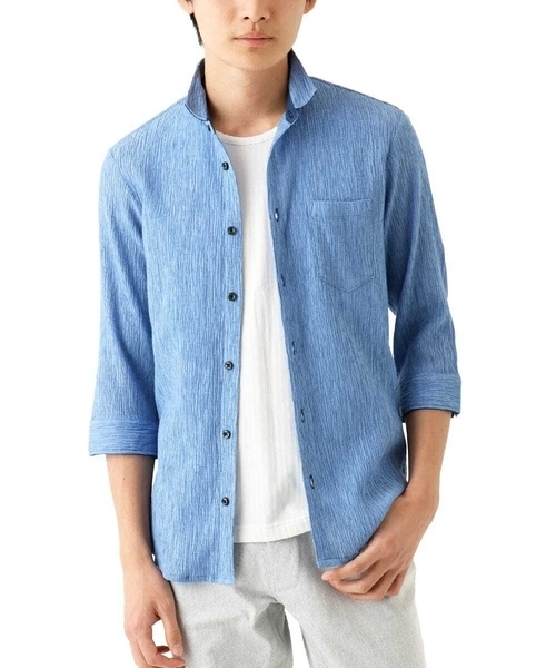 MK MICHEL KLEIN HOMME （エムケーミッシェルクランオム）の「【洗える】楊柳ストライプ七分袖シャツ（シャツ/ブラウス・メンズ・ピンク/チャコールグレー/ダークインディゴブルー・51/48/46）」の10枚目の写真