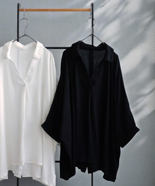antiqua（アンティカ）の「楊柳風スキッパーシャツ（シャツ/ブラウス・レディース・ホワイト/ブラック・ONESIZE）」の11枚目の写真