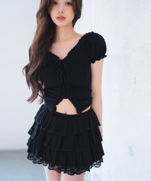 VEILA(ヴェイラ)の「フリルショート丈オフショルトップス(Tシャツ/カットソー・レディース・ブラック/グレー・フリー)」の6枚目の写真