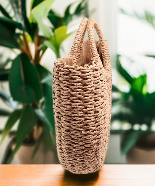 folka（フォルカ）の「5E30 大容量 軽量 サークル ラウンドハンドル カゴバッグ ビーチバッグ 巾着付（かごバッグ・レディース・ベージュ/ブラウン・ONESIZE）」の6枚目の写真