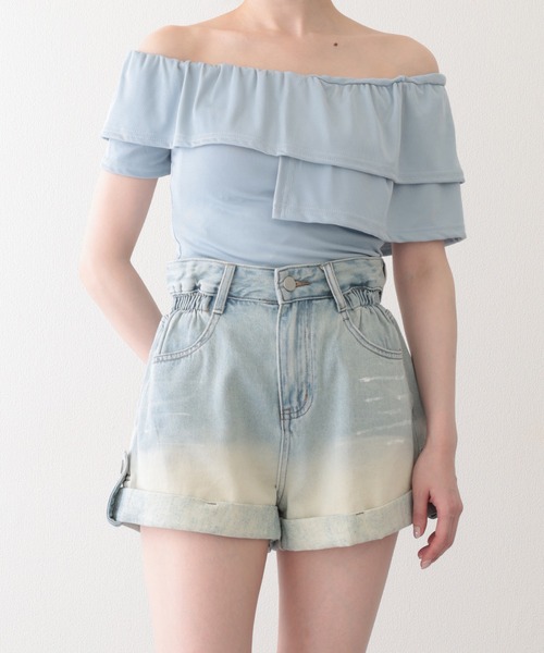 Lace Ladies(レースレディース)の「グラデーション ハイウエスト ロールアップ ショート デニムパンツ(デニムパンツ・レディース・ブルー/ブラック・S/M/XL)」の6枚目の写真