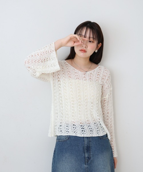 Bab（バブ）の「フラワーレース透かし編みトップス（Tシャツ/カットソー・レディース・ベージュ/ブラック/オフホワイト・FREE）」の6枚目の写真