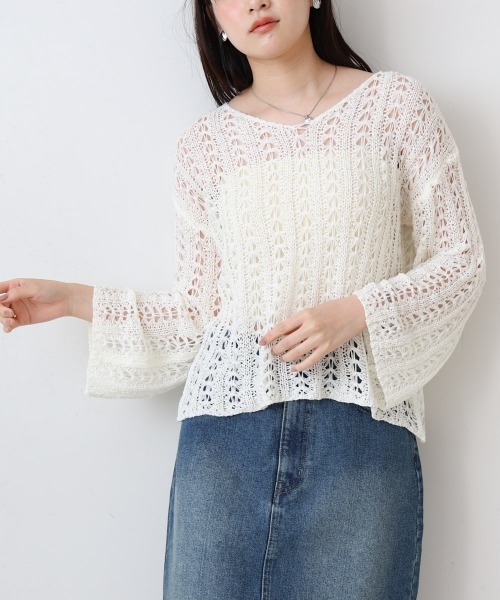 Bab（バブ）の「フラワーレース透かし編みトップス（Tシャツ/カットソー・レディース・ベージュ/ブラック/オフホワイト・FREE）」の12枚目の写真