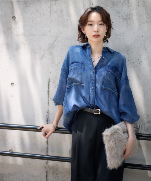 Paradise Picnic（パラダイスピクニック）の「Dignite Collier シアーデニムシャツ（シャツ/ブラウス・レディース・ブルー/ライトブルー・FREE）」の5枚目の写真