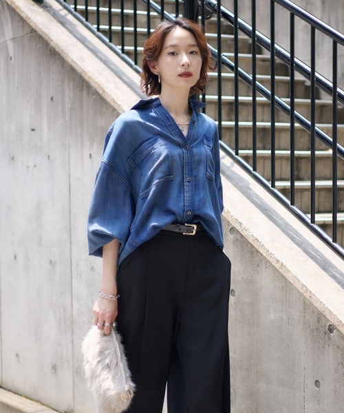 Paradise Picnic（パラダイスピクニック）の「Dignite Collier シアーデニムシャツ（シャツ/ブラウス・レディース・ブルー/ライトブルー・FREE）」の6枚目の写真