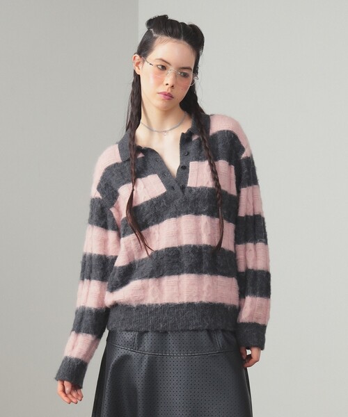 Ray BEAMS(レイビームス)の「ワイド ボーダー ポロ ニット(ニット/セーター・レディース・サックスブルー/ピンク・ONE SIZE)」の6枚目の写真