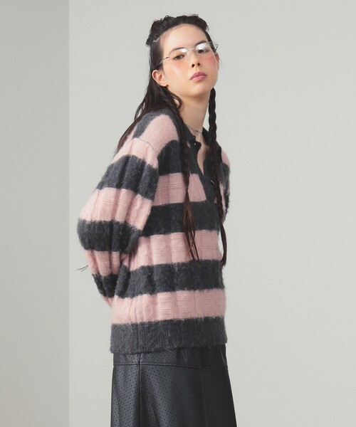 Ray BEAMS(レイビームス)の「ワイド ボーダー ポロ ニット(ニット/セーター・レディース・サックスブルー/ピンク・ONE SIZE)」の7枚目の写真