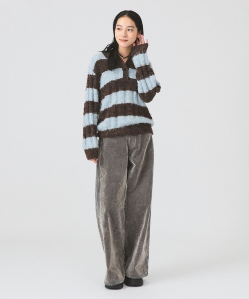 Ray BEAMS(レイビームス)の「ワイド ボーダー ポロ ニット(ニット/セーター・レディース・サックスブルー/ピンク・ONE SIZE)」の8枚目の写真