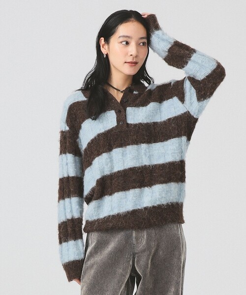 Ray BEAMS(レイビームス)の「ワイド ボーダー ポロ ニット(ニット/セーター・レディース・サックスブルー/ピンク・ONE SIZE)」の11枚目の写真