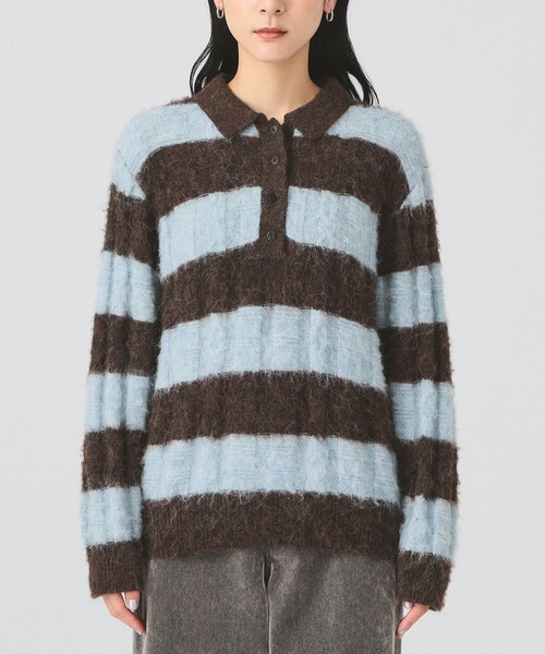 Ray BEAMS(レイビームス)の「ワイド ボーダー ポロ ニット(ニット/セーター・レディース・サックスブルー/ピンク・ONE SIZE)」の12枚目の写真