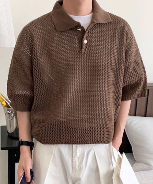 NOWLE】透かし編み メッシュ ポロ ニット（ポロシャツ）｜NOWLE