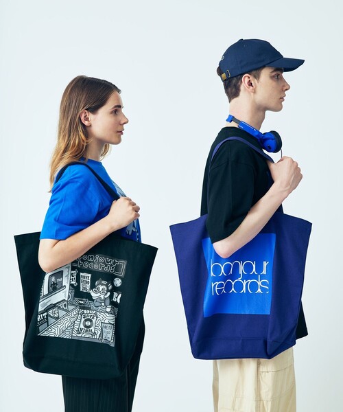 bonjour records（ボンジュールレコーズ）の「【chocomoo×bonjour records】 RECORD BAG（トートバッグ・レディース・ネイビー/ブラック・FREE）」の14枚目の写真