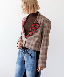 Three Four Time（スリーフォータイム）の「ローズプリント切替チェックショートジャケット（テーラードジャケット）」