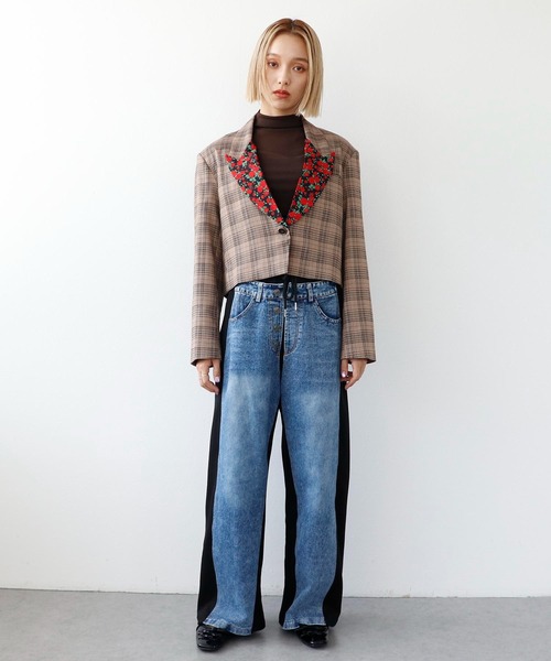 Three Four Time(スリーフォータイム)の「ローズプリント切替チェックショートジャケット(テーラードジャケット・レディース・ベージュ・FREE)」の6枚目の写真