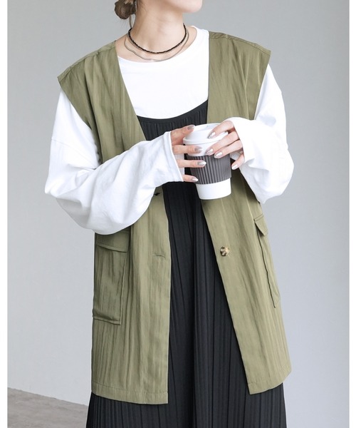 reca（レカ）の「ヴィンテージVネックロングベスト（ベスト・レディース・チャコールグレー/カーキ・FREE）」の2枚目の写真