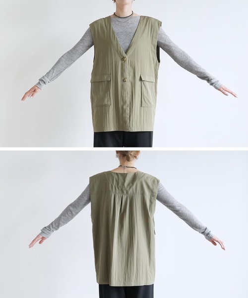 reca（レカ）の「ヴィンテージVネックロングベスト（ベスト・レディース・チャコールグレー/カーキ・FREE）」の10枚目の写真