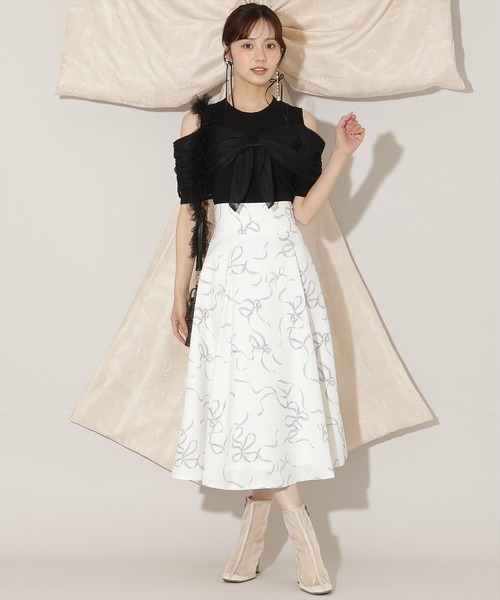 WILLSELECTION（ウィルセレクション）の「リボンプリントフレアスカート（スカート・レディース・ピンク/ブラック/オフホワイト・SMALL/MEDIUM）」の2枚目の写真