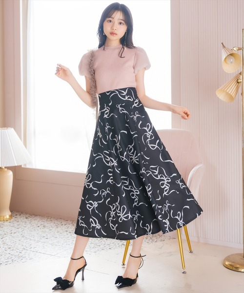 WILLSELECTION（ウィルセレクション）の「リボンプリントフレアスカート（スカート・レディース・ピンク/ブラック/オフホワイト・SMALL/MEDIUM）」の3枚目の写真