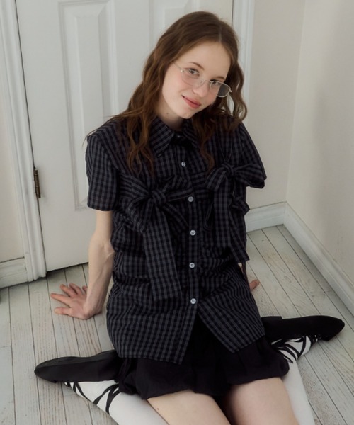 Birthday room(バースデイルーム)の「半袖チェックリボンシャツ/short slleeve check ribbon shirt(シャツ/ブラウス・レディース・ネイビー・FREE)」の1枚目の写真