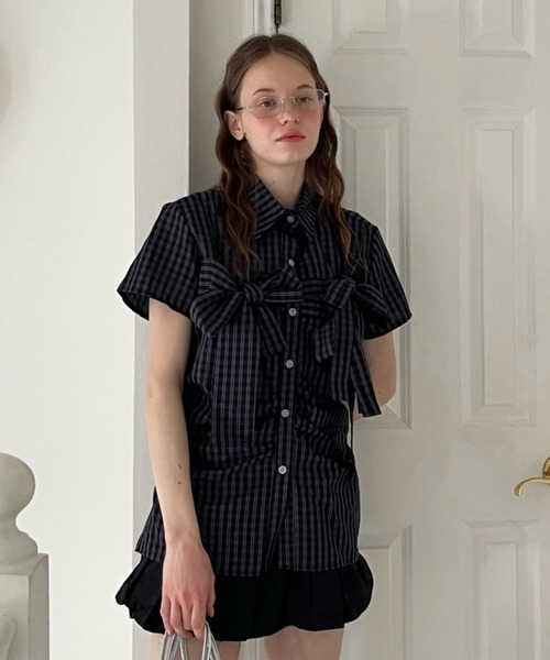 Birthday room(バースデイルーム)の「半袖チェックリボンシャツ/short slleeve check ribbon shirt(シャツ/ブラウス・レディース・ネイビー・FREE)」の3枚目の写真