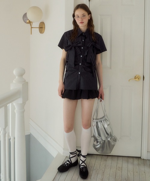 Birthday room(バースデイルーム)の「半袖チェックリボンシャツ/short slleeve check ribbon shirt(シャツ/ブラウス・レディース・ネイビー・FREE)」の4枚目の写真