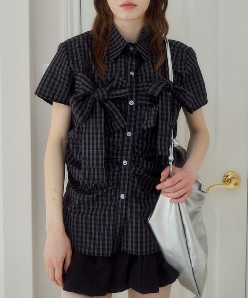 Birthday room(バースデイルーム)の「半袖チェックリボンシャツ/short slleeve check ribbon shirt(シャツ/ブラウス・レディース・ネイビー・FREE)」の5枚目の写真