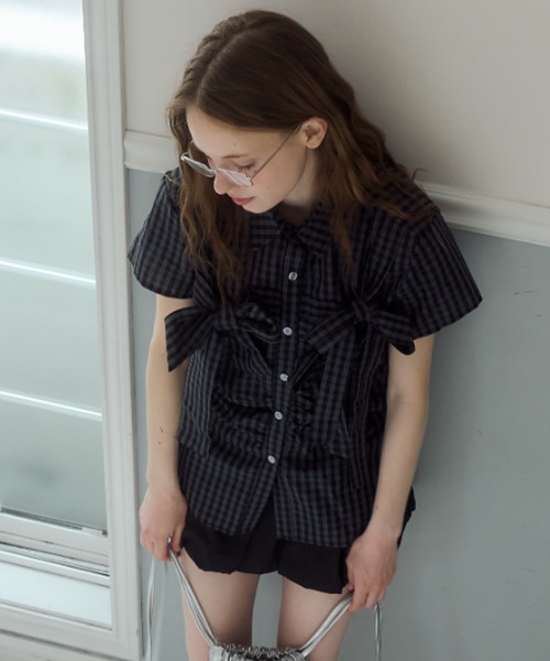 Birthday room(バースデイルーム)の「半袖チェックリボンシャツ/short slleeve check ribbon shirt(シャツ/ブラウス・レディース・ネイビー・FREE)」の8枚目の写真