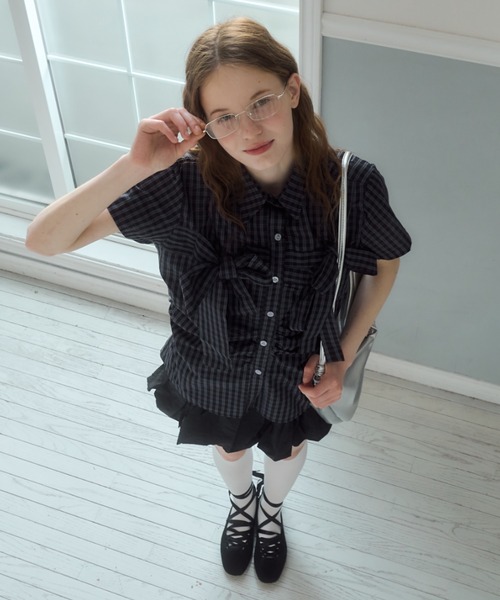 Birthday room(バースデイルーム)の「半袖チェックリボンシャツ/short slleeve check ribbon shirt(シャツ/ブラウス・レディース・ネイビー・FREE)」の9枚目の写真