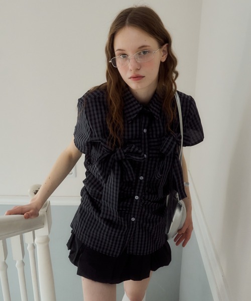 Birthday room(バースデイルーム)の「半袖チェックリボンシャツ/short slleeve check ribbon shirt(シャツ/ブラウス・レディース・ネイビー・FREE)」の10枚目の写真