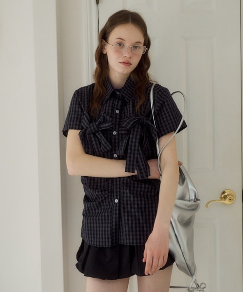 Birthday room(バースデイルーム)の「半袖チェックリボンシャツ/short slleeve check ribbon shirt(シャツ/ブラウス・レディース・ネイビー・FREE)」の11枚目の写真