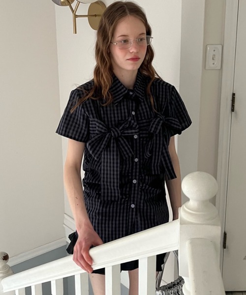 Birthday room(バースデイルーム)の「半袖チェックリボンシャツ/short slleeve check ribbon shirt(シャツ/ブラウス・レディース・ネイビー・FREE)」の13枚目の写真