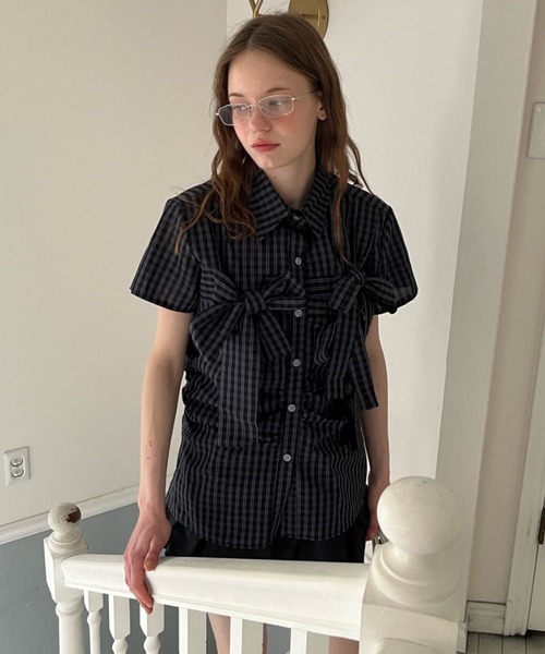 Birthday room(バースデイルーム)の「半袖チェックリボンシャツ/short slleeve check ribbon shirt(シャツ/ブラウス・レディース・ネイビー・FREE)」の14枚目の写真