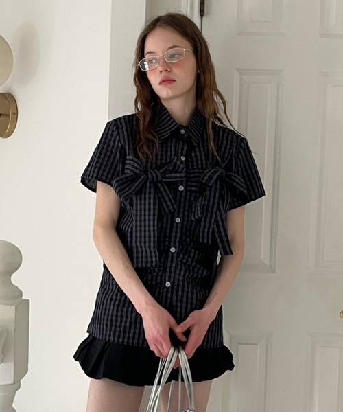 Birthday room(バースデイルーム)の「半袖チェックリボンシャツ/short slleeve check ribbon shirt(シャツ/ブラウス・レディース・ネイビー・FREE)」の15枚目の写真
