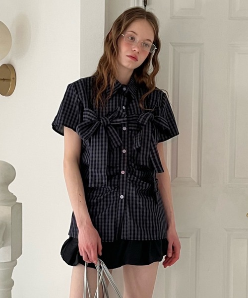 Birthday room(バースデイルーム)の「半袖チェックリボンシャツ/short slleeve check ribbon shirt(シャツ/ブラウス・レディース・ネイビー・FREE)」の16枚目の写真