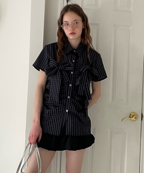 Birthday room(バースデイルーム)の「半袖チェックリボンシャツ/short slleeve check ribbon shirt(シャツ/ブラウス・レディース・ネイビー・FREE)」の17枚目の写真