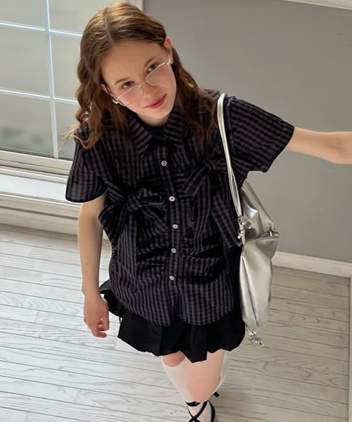 Birthday room(バースデイルーム)の「半袖チェックリボンシャツ/short slleeve check ribbon shirt(シャツ/ブラウス・レディース・ネイビー・FREE)」の19枚目の写真