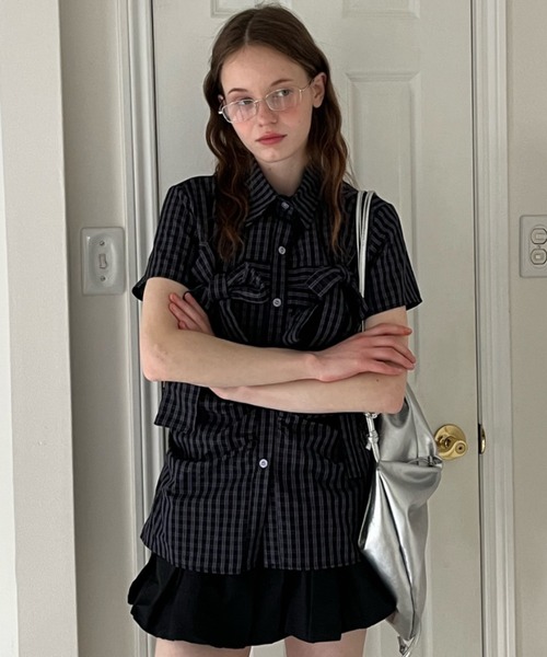 Birthday room(バースデイルーム)の「半袖チェックリボンシャツ/short slleeve check ribbon shirt(シャツ/ブラウス・レディース・ネイビー・FREE)」の21枚目の写真