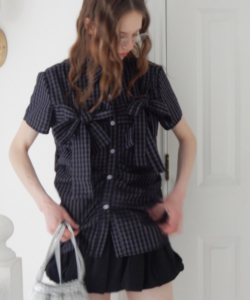 Birthday room(バースデイルーム)の「半袖チェックリボンシャツ/short slleeve check ribbon shirt(シャツ/ブラウス・レディース・ネイビー・FREE)」の22枚目の写真