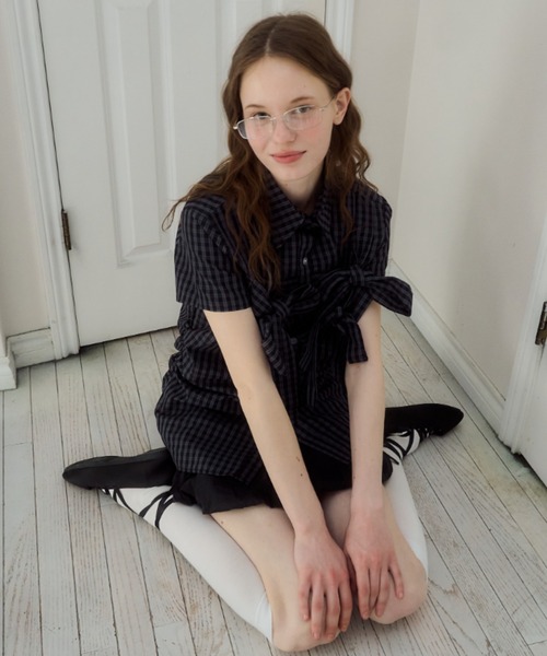 Birthday room(バースデイルーム)の「半袖チェックリボンシャツ/short slleeve check ribbon shirt(シャツ/ブラウス・レディース・ネイビー・FREE)」の2枚目の写真