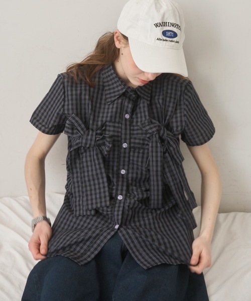 Birthday room（バースデイルーム）の「半袖チェックリボンシャツ/short slleeve check ribbon shirt（シャツ/ブラウス・レディース・ネイビー・FREE）」の14枚目の写真