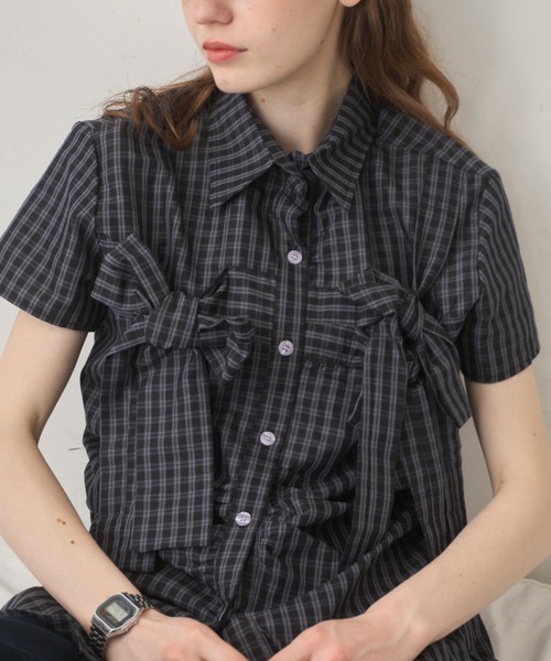 Birthday room（バースデイルーム）の「半袖チェックリボンシャツ/short slleeve check ribbon shirt（シャツ/ブラウス・レディース・ネイビー・FREE）」の15枚目の写真